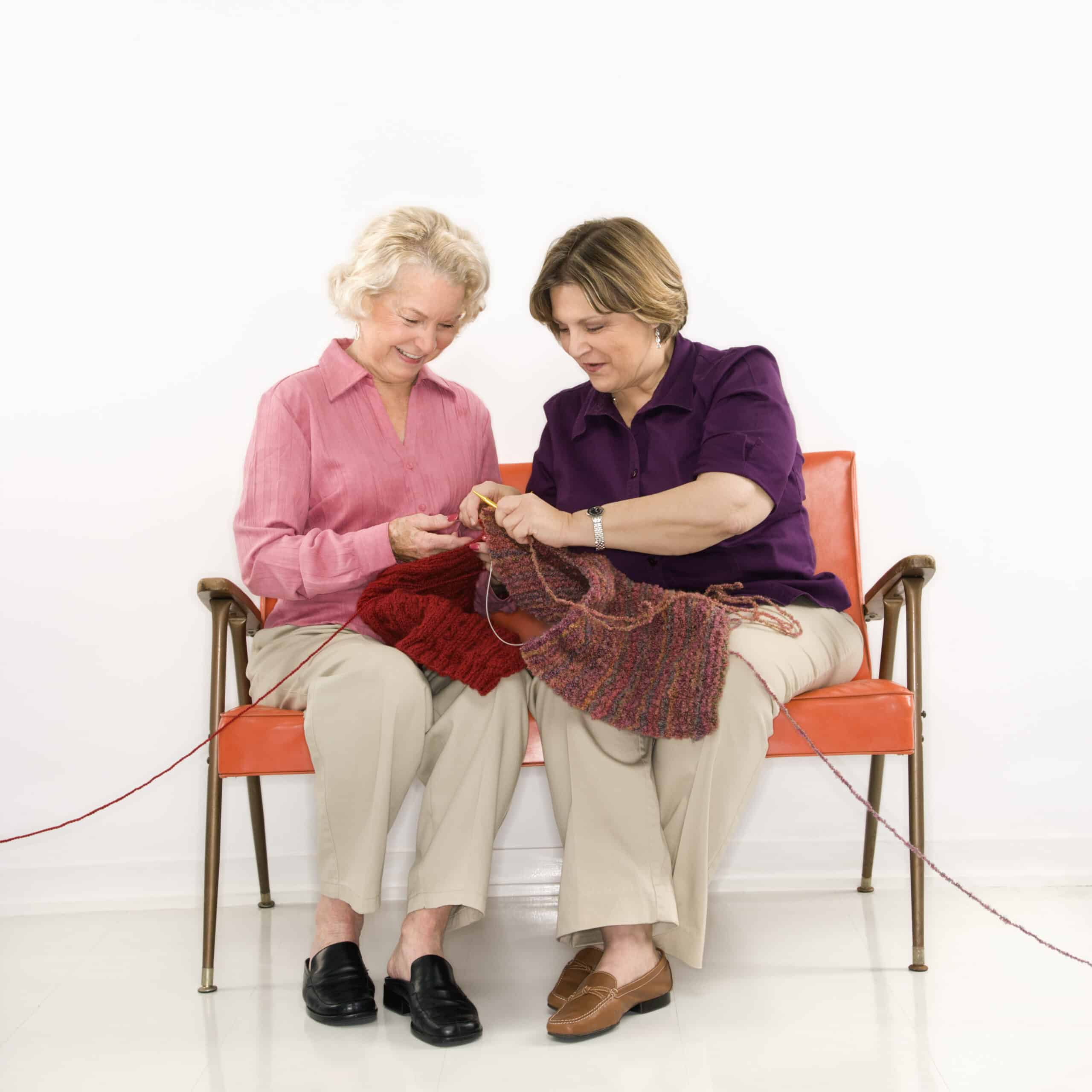 Two women knitting. companion care