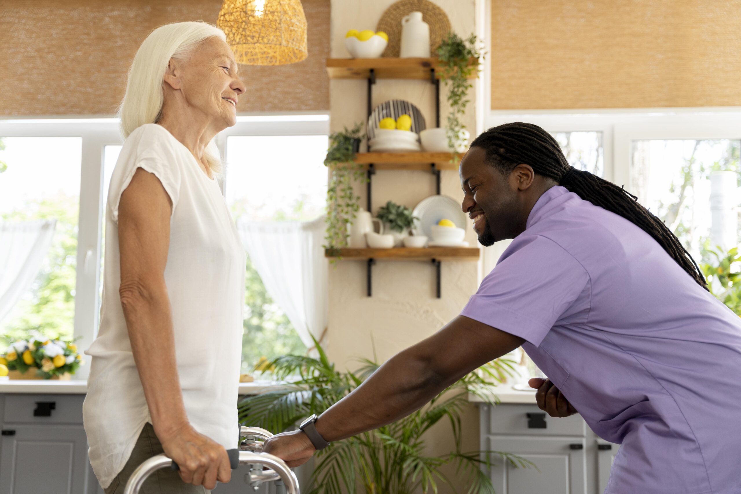 caregiver after care patient on a wheelchair