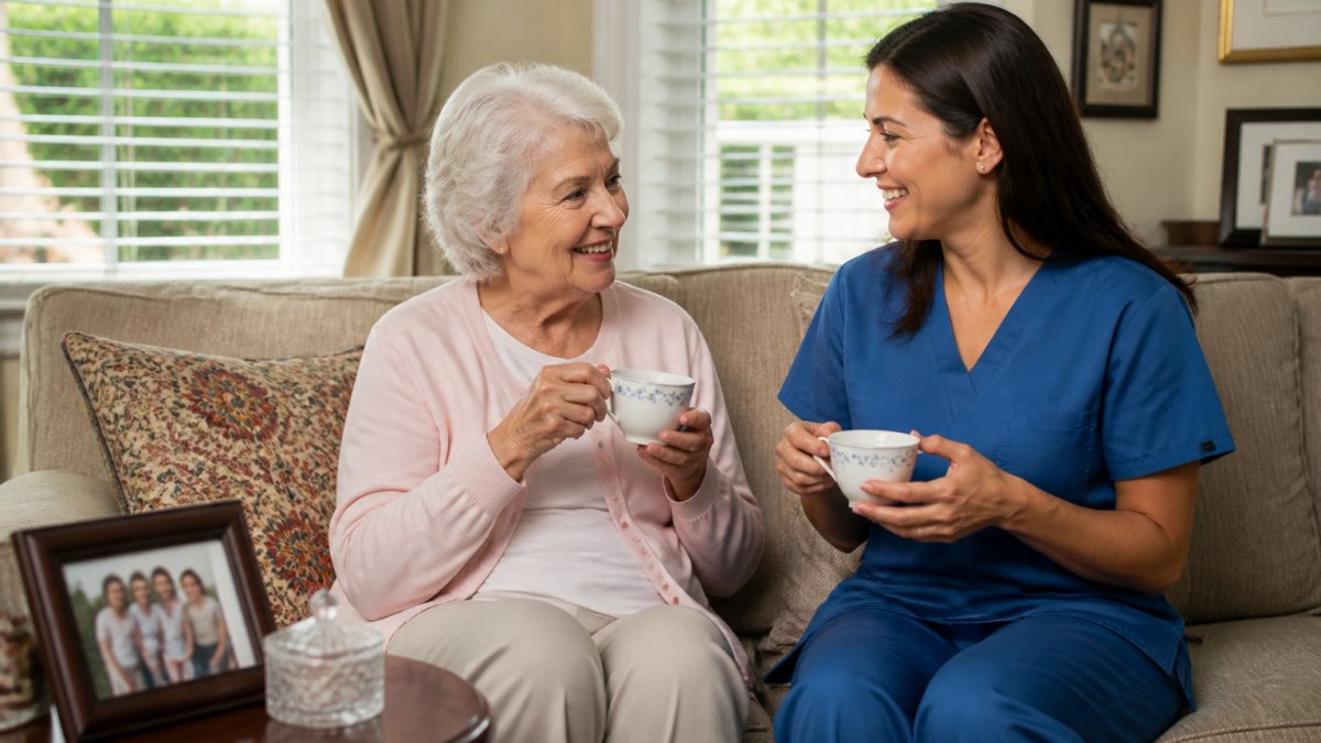 A calm in-home scene: a professional female caregiver in casual scrubs sitting beside an older woman in a bright living room, both smiling over a cup of tea, with a family photo on the side table