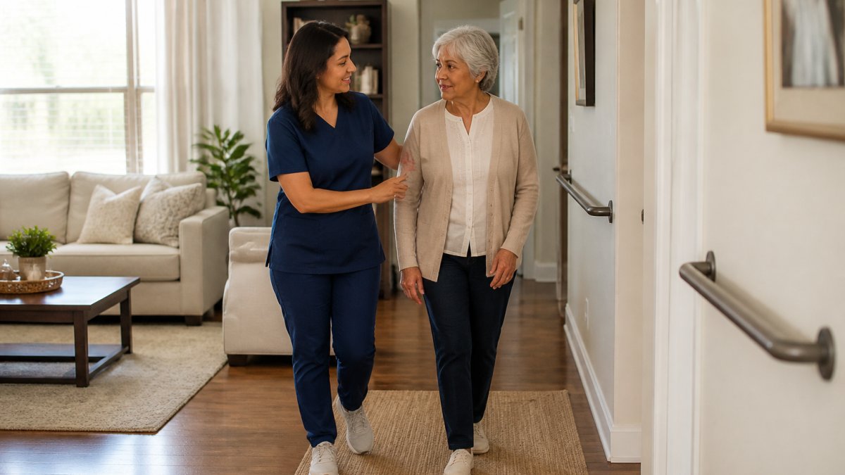 Caregiver walking with an older adult through a safe, clear living room designed for quality in-home care.