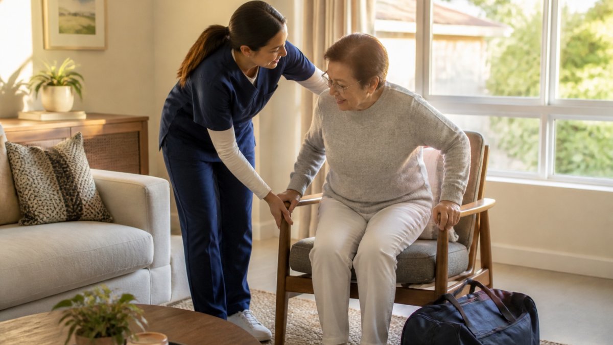 Live-in caregiver helping an elderly woman into a chair for 24 hour home care in a sunny living room