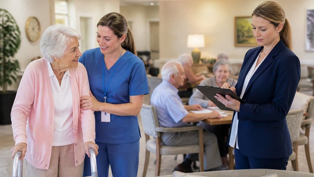A professional caregiver in scrubs assisting a senior resident in a bright assisted living common area, a facility staff member reviewing a schedule on a clipboard nearby