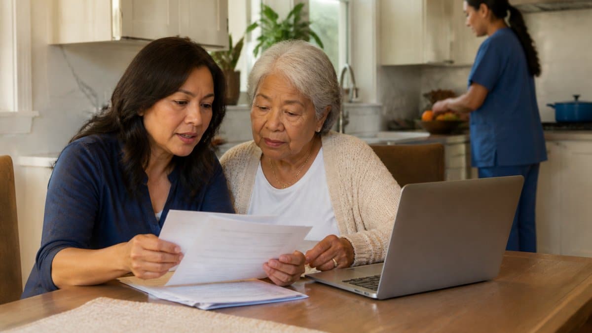 Infographic process showing a family reviewing 24 hour home care plans while a caregiver prepares a meal nearby.