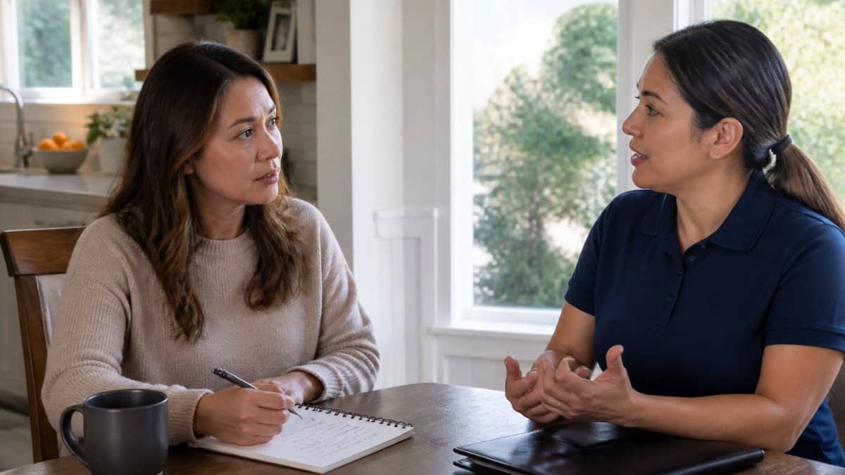 An adult daughter sitting at a kitchen table with a handwritten notepad of questions, talking with a home care agency representative across from her in a bright, comfortable home with afternoon light through the window