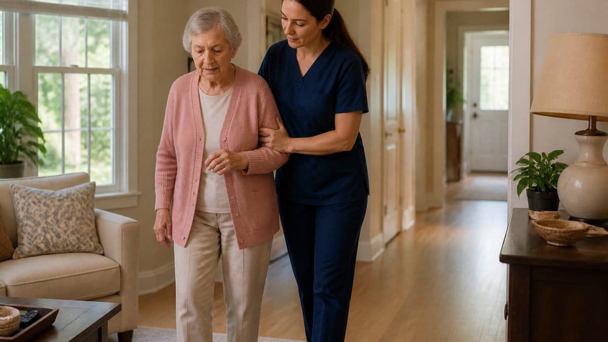 A home caregiver and an older woman walking slowly together through a bright living room, caregiver's hand steadying the woman's arm, hallway visible in the background