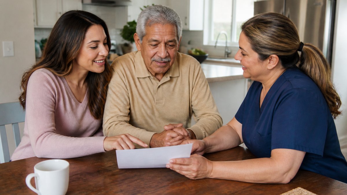 An adult daughter sitting at a kitchen table with her older father, reviewing a care plan on paper and smiling with a home care caregiver seated across from them in a bright, comfortable home
