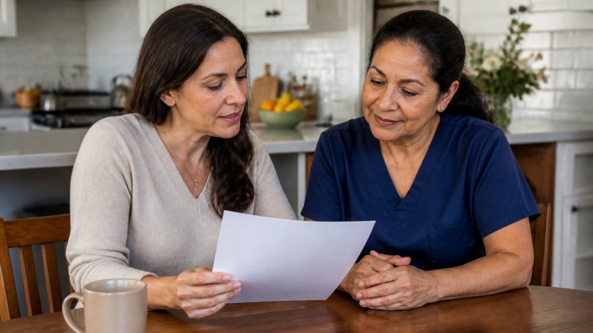 An adult daughter sitting at a kitchen table with a senior caregiver, both reviewing a printed list of questions, warm natural light, comfortable home setting
