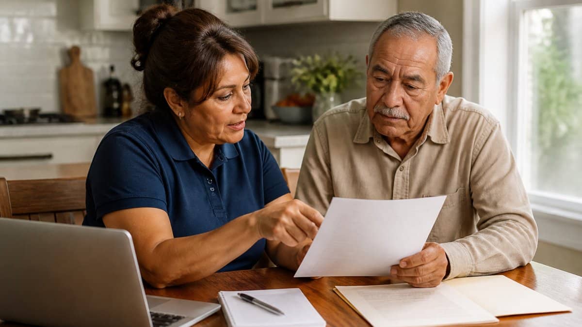 A family member and a home care agency representative sitting at a kitchen table reviewing a printed background check report together, with a laptop and notepad nearby, warm afternoon light through the window