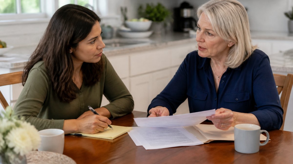 An adult daughter sitting at a kitchen table with a home care agency representative, reviewing paperwork and taking notes, warm natural light, both engaged in conversation