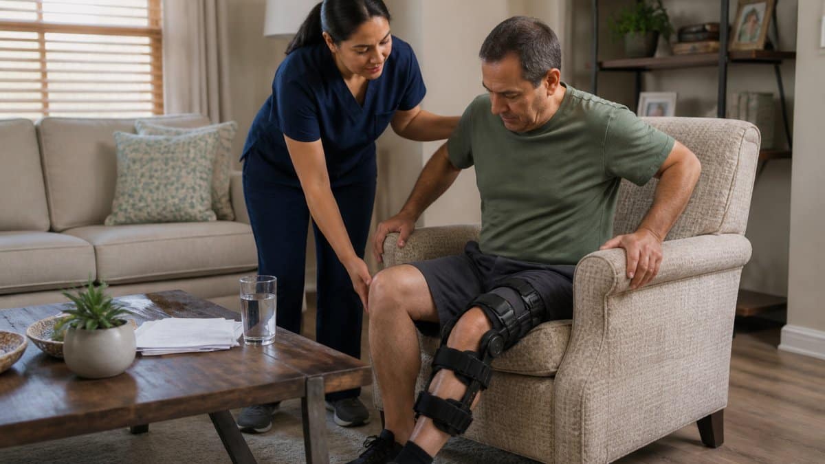 A home health aide in a comfortable living room helping a middle-aged man with a leg brace settle into a chair, paperwork and a water glass on the side table, warm natural light