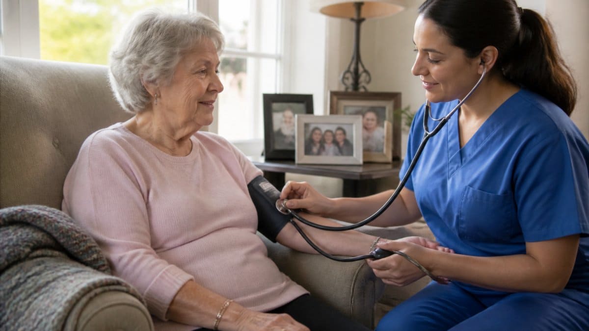 An elderly woman sitting comfortably in a living room chair while a professional female caregiver in scrubs checks her blood pressure with a stethoscope, warm natural light through a window, home setting with family photos on a side table