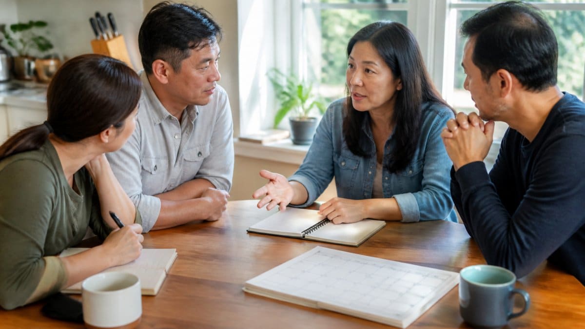 A family group seated around a kitchen table with a notebook and calendar, one adult child speaking while siblings listen and take notes, warm natural light