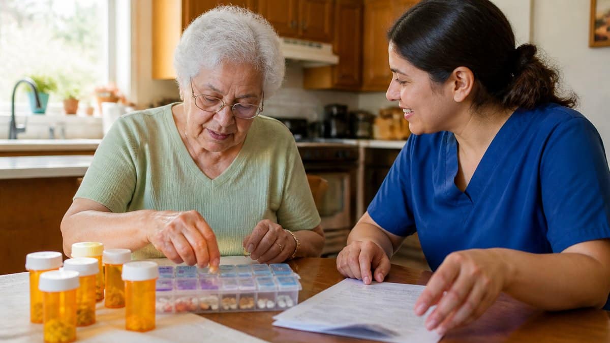 Home care aide and senior woman using a weekly organizer for medication management and routine pill sorting.