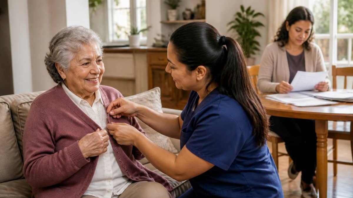 A home caregiver in a warm, naturally lit living room gently helping an older adult button a cardigan, with a family member reviewing paperwork at a dining table in the background