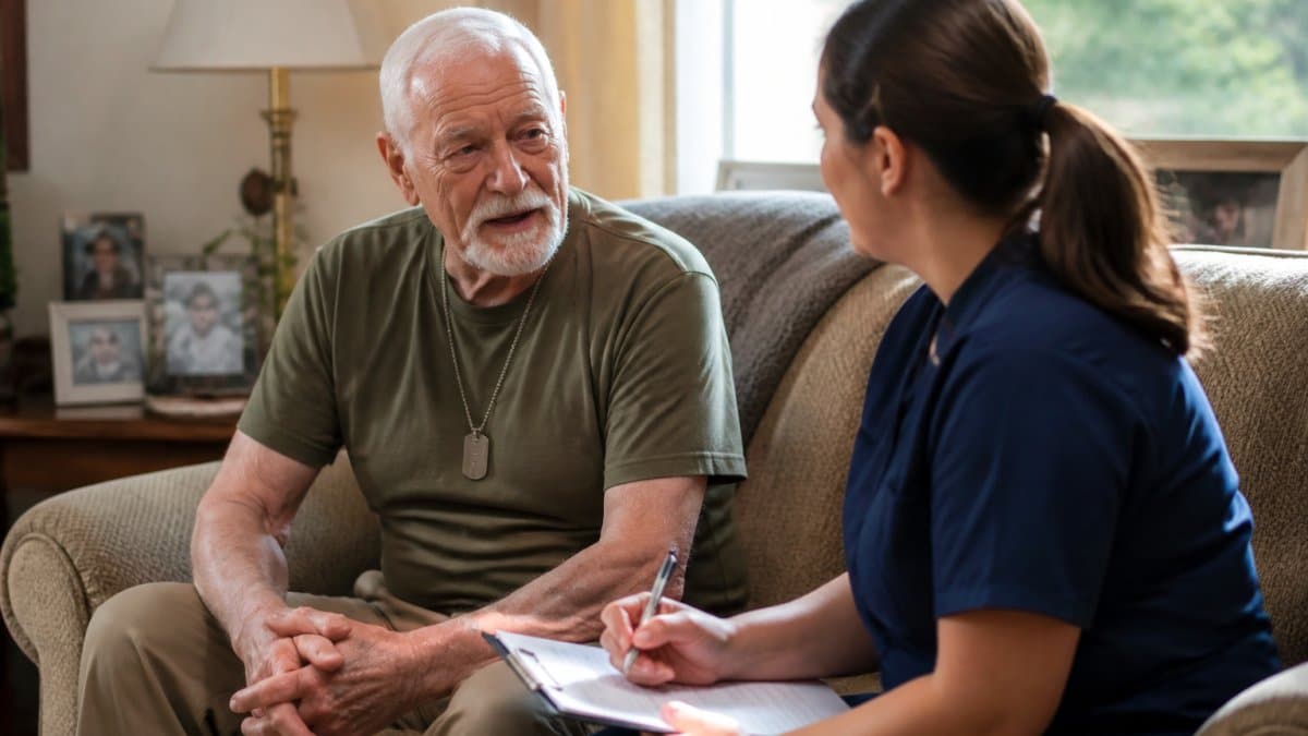 An elderly veteran sitting in a comfortable living room, talking with a home care aide who is taking notes, with natural light coming through a window