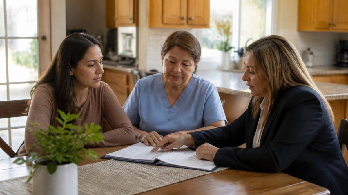 Flowchart showing the home care staffing process during a caregiver interview and care plan review at home